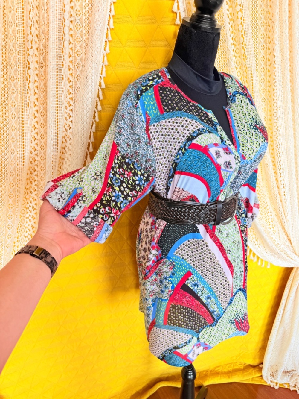 Josie Natori Boho Patchwork Flowy Resortwear V-Neck Kimono Tunic Sz XL - Picture 9 of 17
